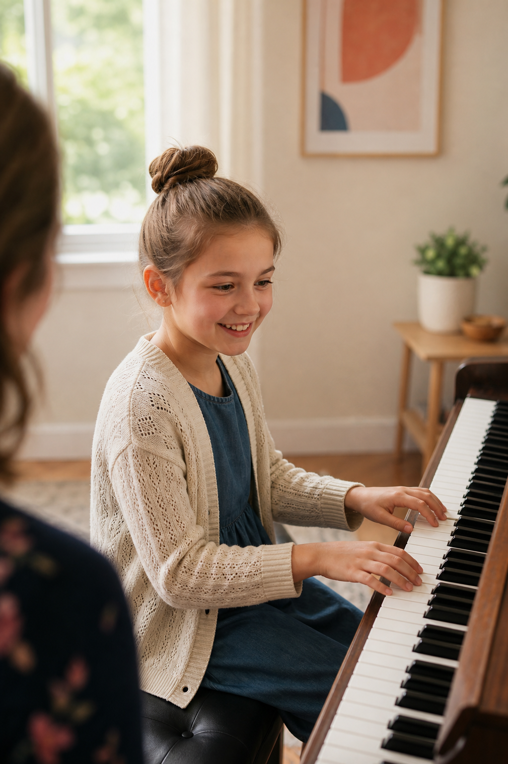 A joyful young piano student during a lesson